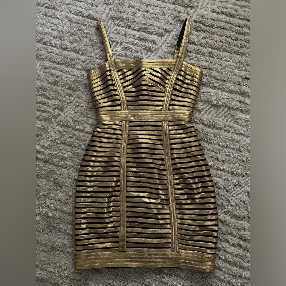 BCBGMaxAzria Gold Metallic Striped Bandage Dress